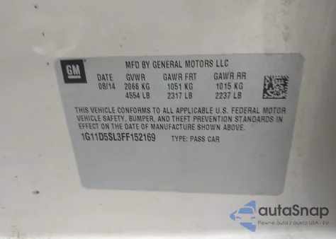 2015 Chevrolet Malibu 2Lt from USA, damaged, VIN 1G11D5SL3FF152169